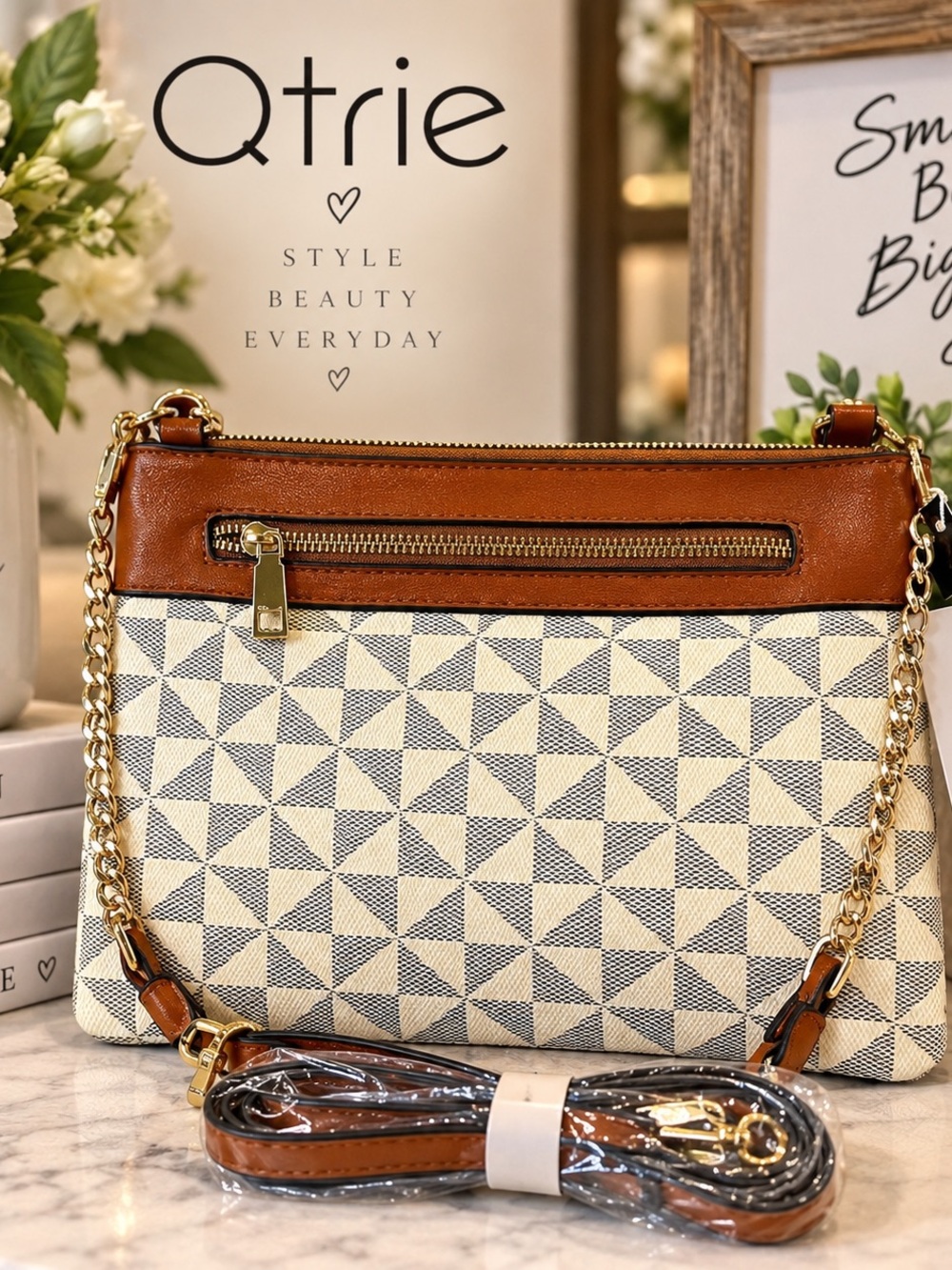 New With Tags Brown & Cream Geometric Crossbody Bag